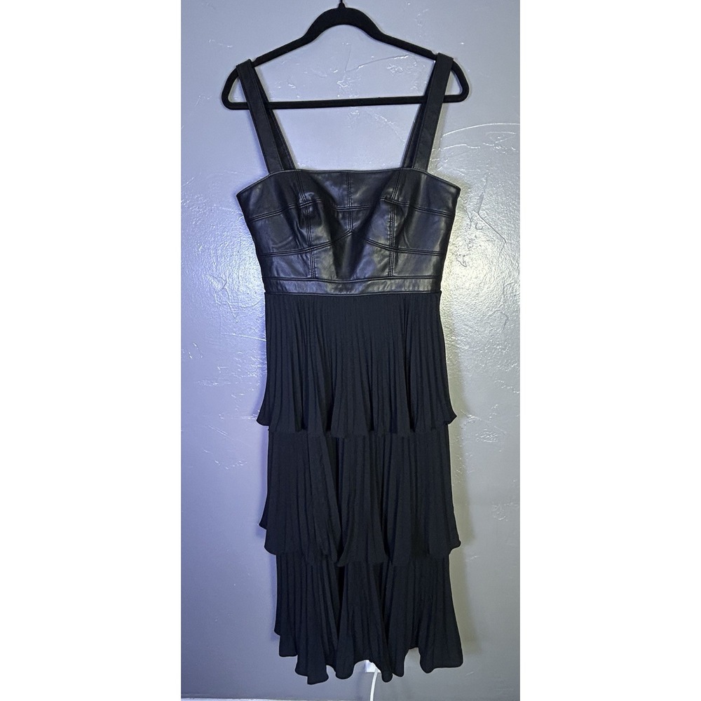 Amur Ozzy Midi Dress chic Faux Leather Bodice Tiered Ruffle Skirt 8